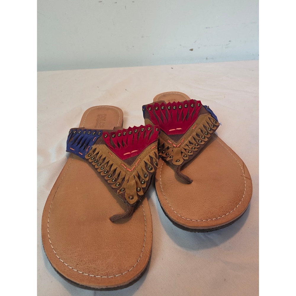 Dolce by Mojo Moxy Womens 10 Boho Fringe Studded Thong Sandals Southwestern Tan